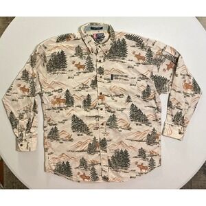 VTG Chaps Ralph Lauren AOP Button Up Shirt Wildlife Moose Wolf Western Mens XL